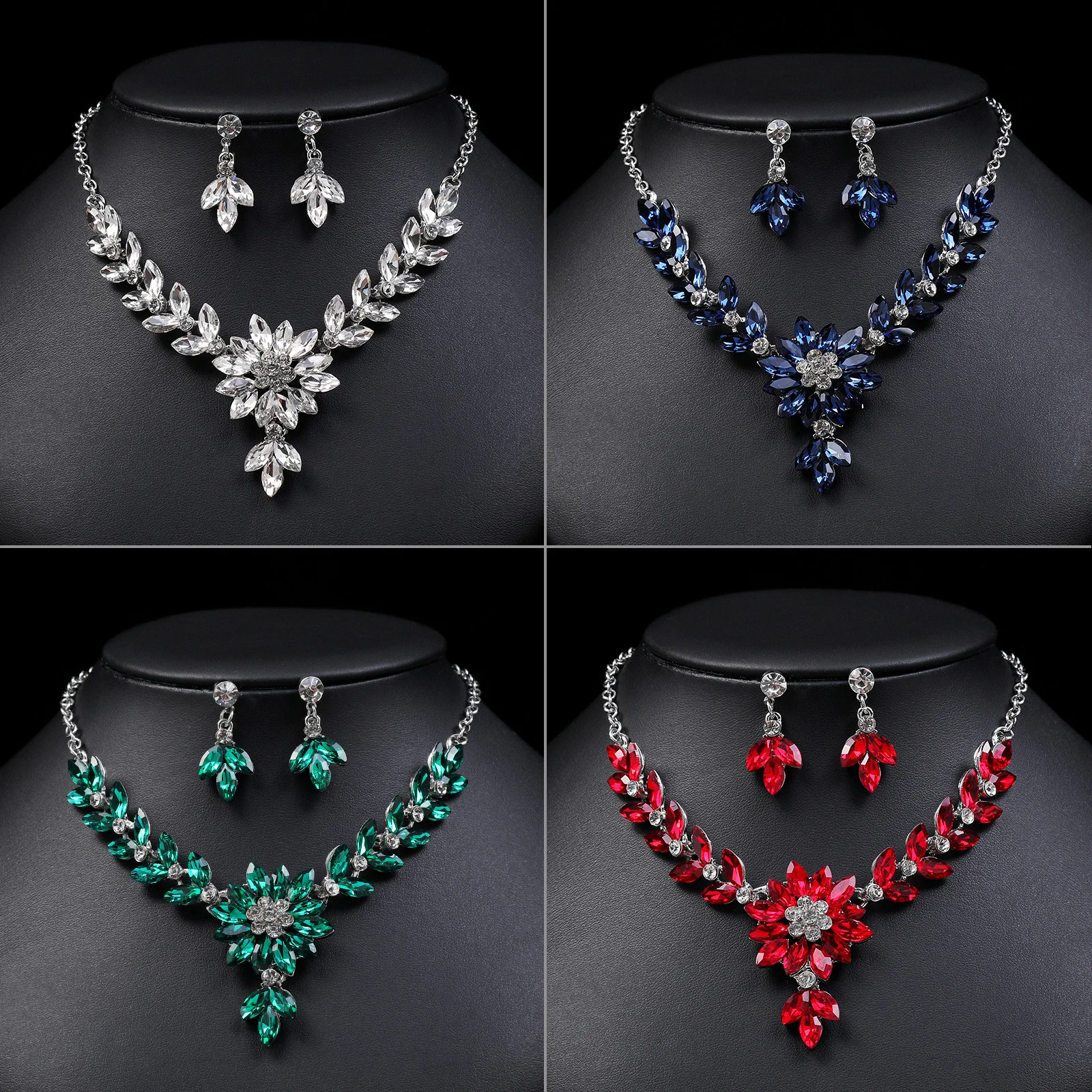 Exquisite Rhinestone Flower necklace and earrings Sets For Women Multicolor Wedding Party  Jewelry Accessories