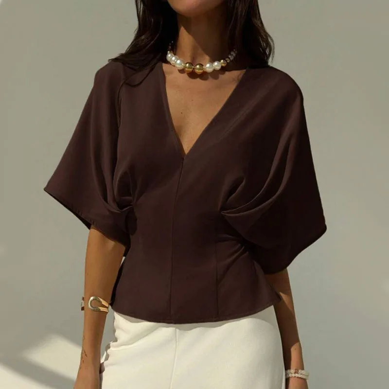 

Summer Women Sexy V-neck Short Sleeve Shirts With Bowknot Female Casual Loose Pleated Blouses Elegant Streetwear Lady Chic Tops