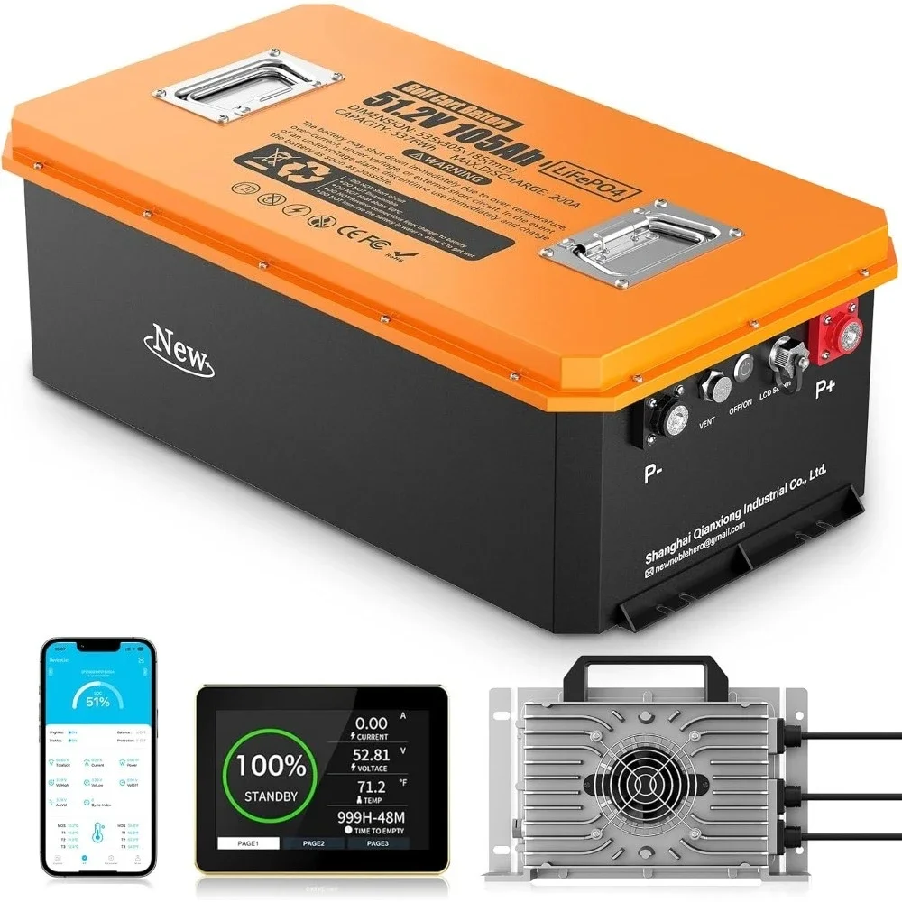 

48V(51.2V) 105Ah Lithium Golf Cart Battery, Built-in Smart 200A BMS, with Touch Monitor & Mobile APP, 6000+ Cycles Rechargeable