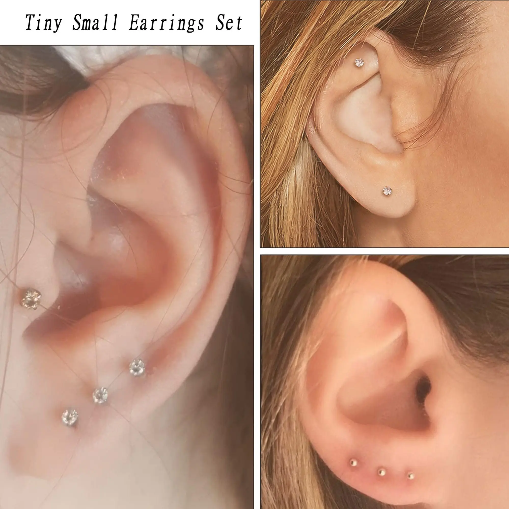 2pcs Tiny Surgical Stainless Steel 2mm Small CZ Dot Ball Flat Screw Back Stud Earrings Ear Piercing Hoop Jewelry Set