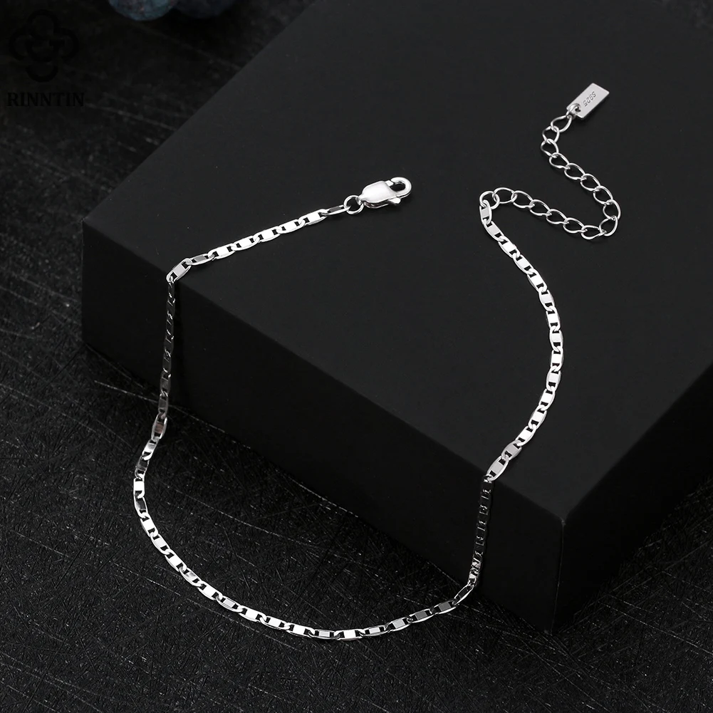 Rinntin Italian 2mm Sparkle Mirror Chain Anklets for Women 925 Sterling Silver Summer Foot Bracelet Ankle Straps Jewelry SA29