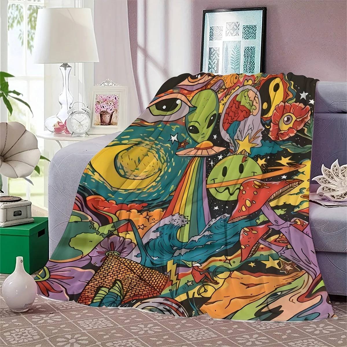 Whimsical UFO & Space-Themed Flannel Blanket - Vibrant Digital Print, Soft & Cozy Throw for Office, School Nap, Outdoor Activiti