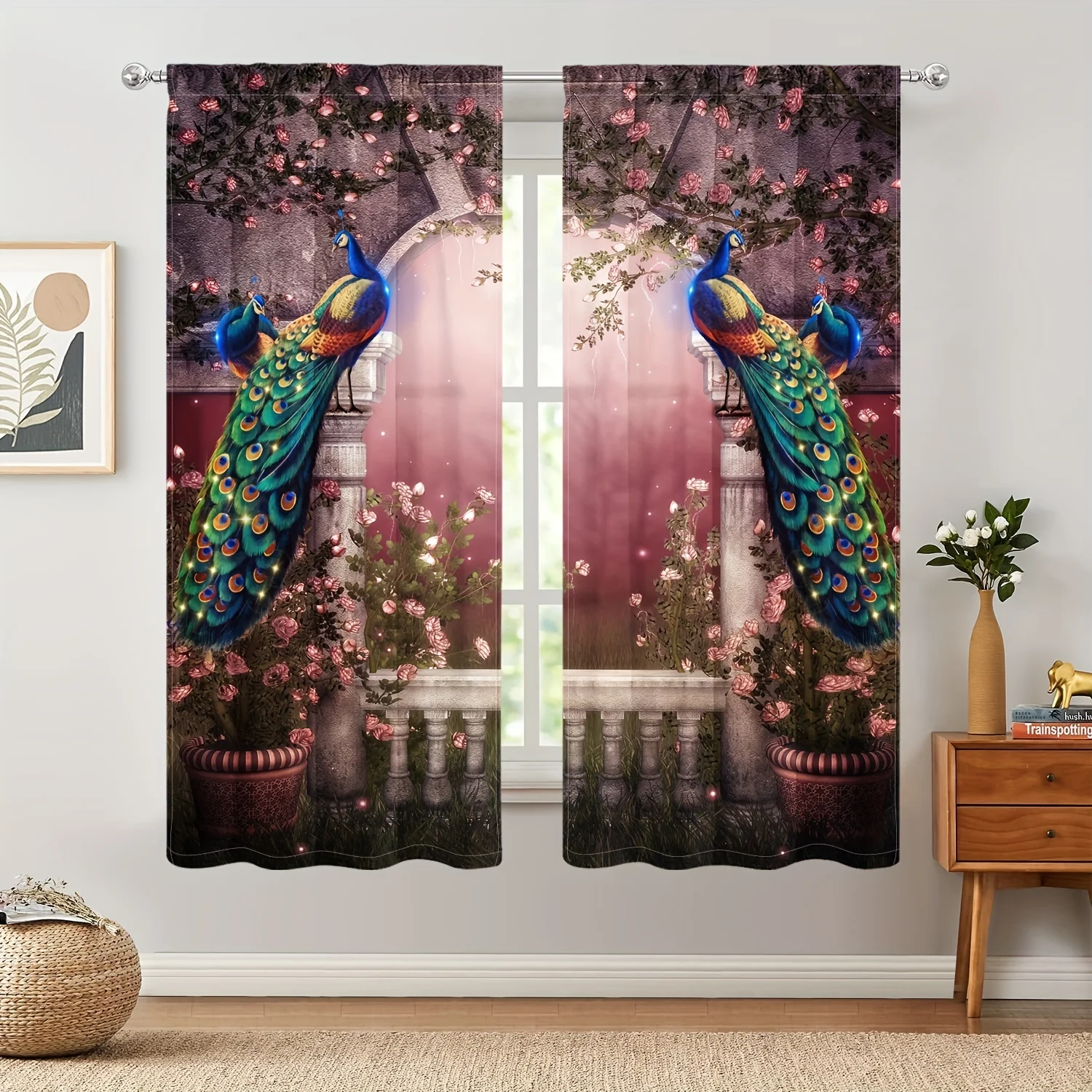 2pcs Gothic Peacock Animal Flower Retro Style Curtains Window Treatment for Bedroom Office Kitchen Living Room Study Home Decor