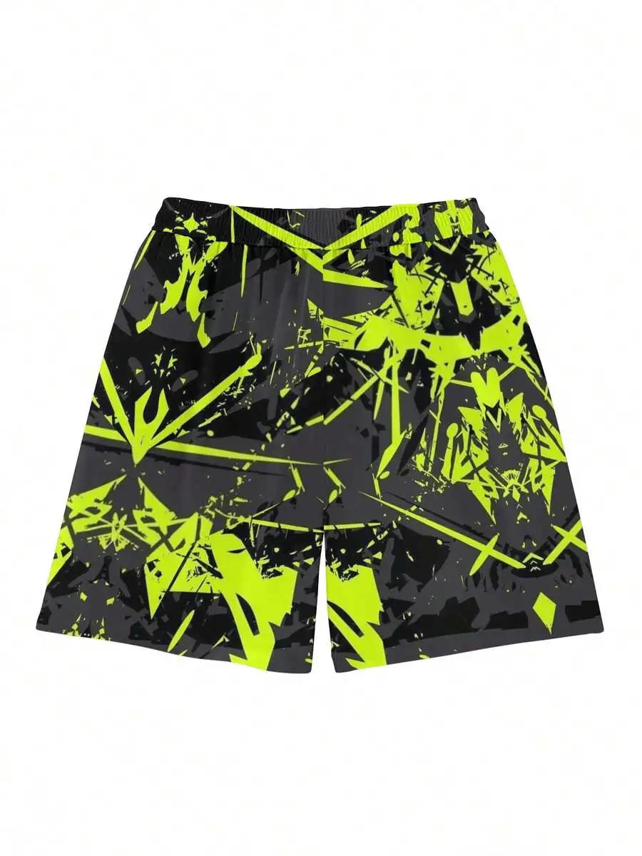 

Mens Athletic Beach Shorts Woven Non-Stretch Fabric Black Yellow Geometric Pattern Drawstring Pocket Lightweight