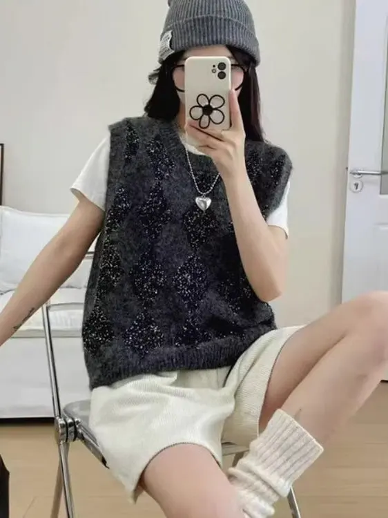 Dames gebreid kanten paneelvest rond Ne Svel Paillettenborduurwerk Warmte Bovenkleding Faion Commute Sle Thiened Loos...