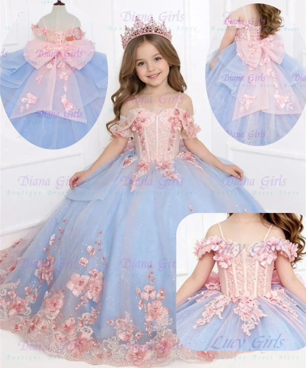 Gorgeous Quality Tulle Fluffy Exquisite Pink Applique Flower Girl Dress for Wedding Birthday Party First Communion Gowns