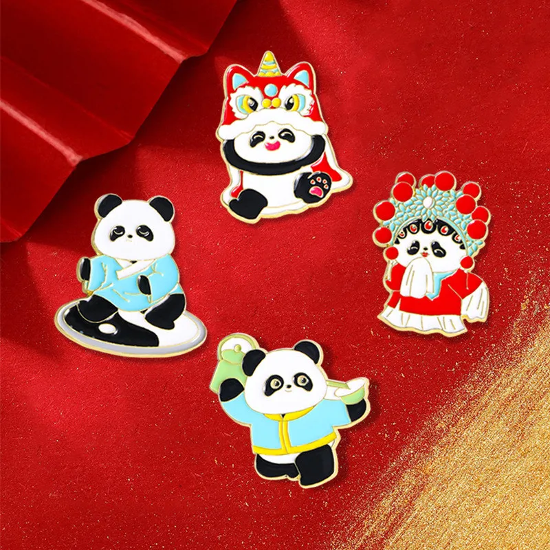 Cute Panda Sing Beijing Opera Enamel Brooch Cartoon Chinese Style Animal Lapel Badge Pins Jewelry Party Gift For Women Girls