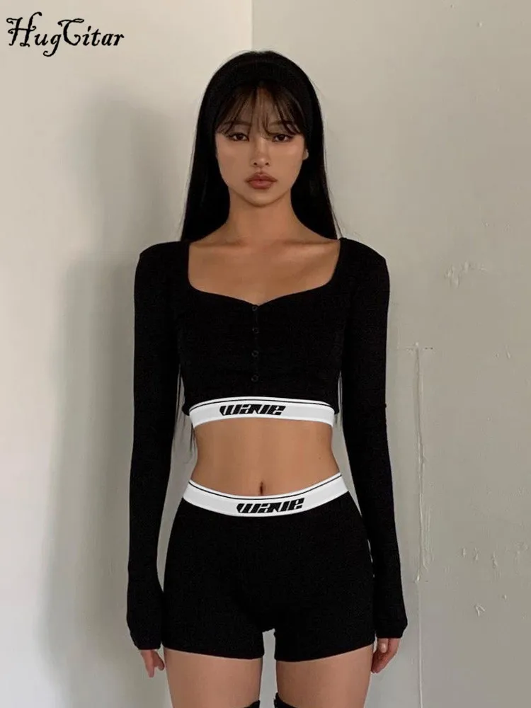 Hugcitar Fashion 2 Pieces Sets Long Sleeve Letter Print Button Sexy Slim Crop Tops Shorts Women Y2K Outfits Sports Gym Festival