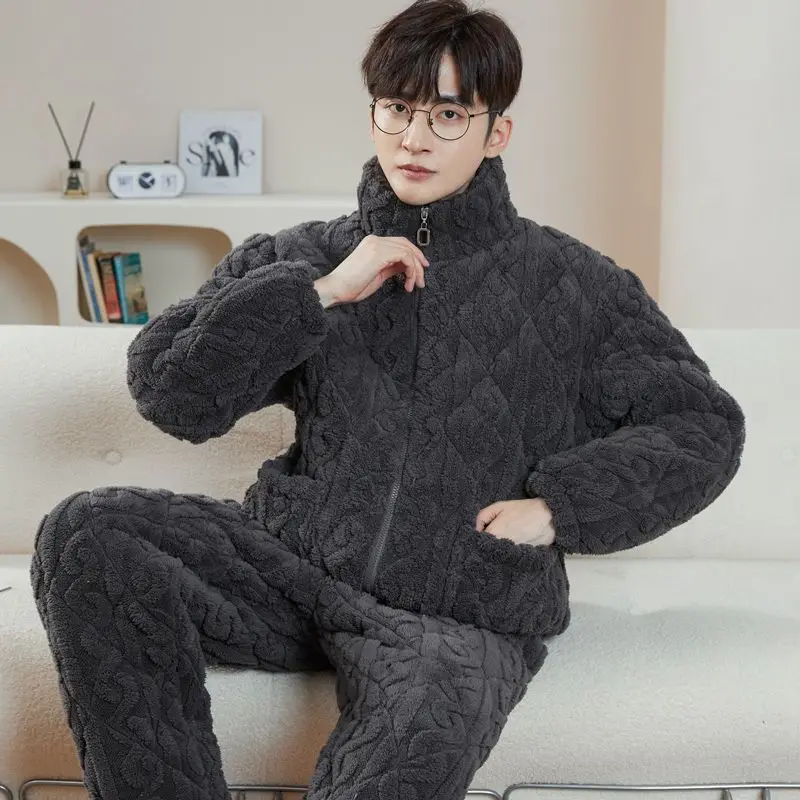 

2024 New Three-layer Cotton Jacket Men's Pajamas Male Pijamas Thick Fleece Outside Wear Flannel Loungewear Set Winter Sleepwear