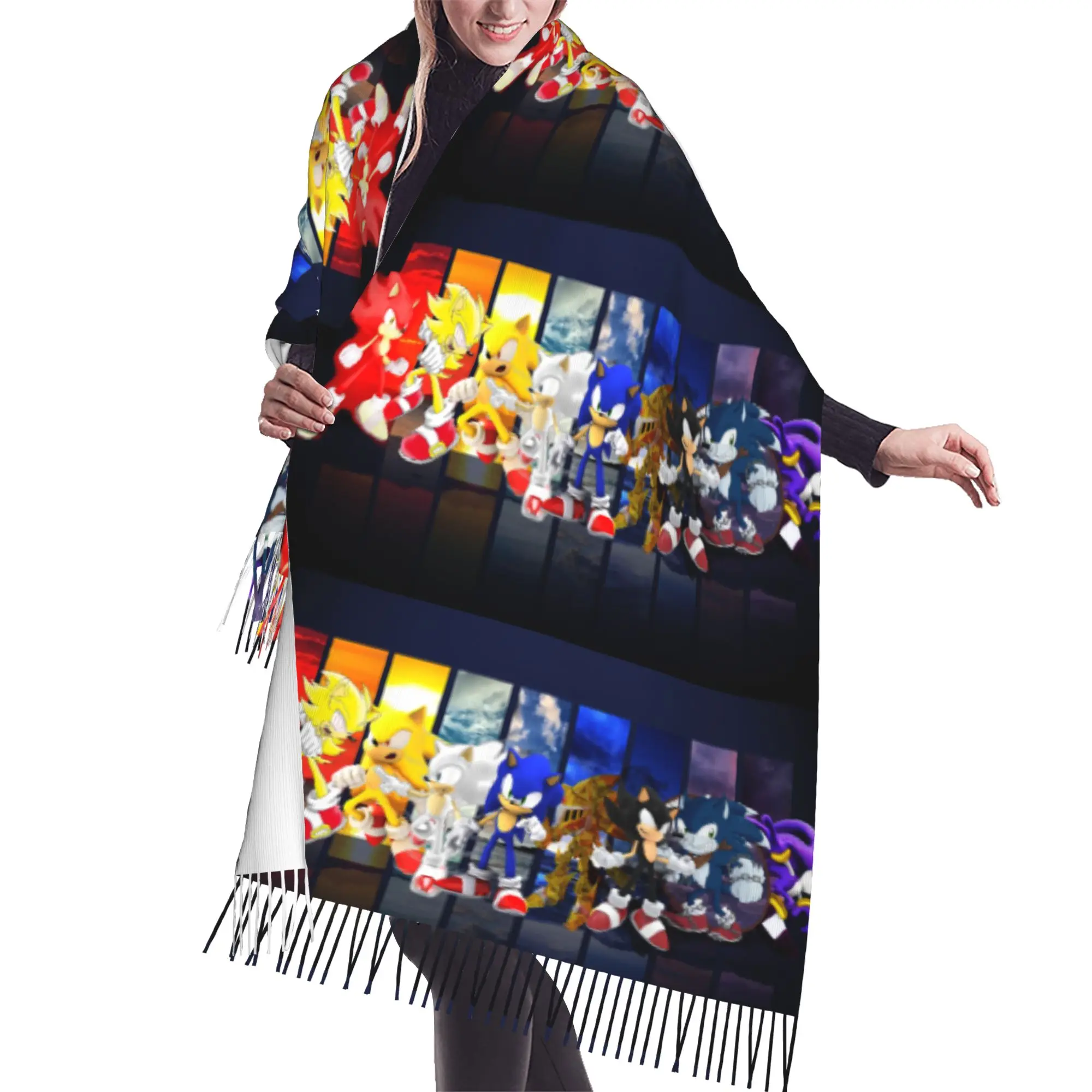 Custom S-Soniced Cartoon Tassel Scarf Women Soft Video Game Shawl Wrap Lady Winter Fall Scarves