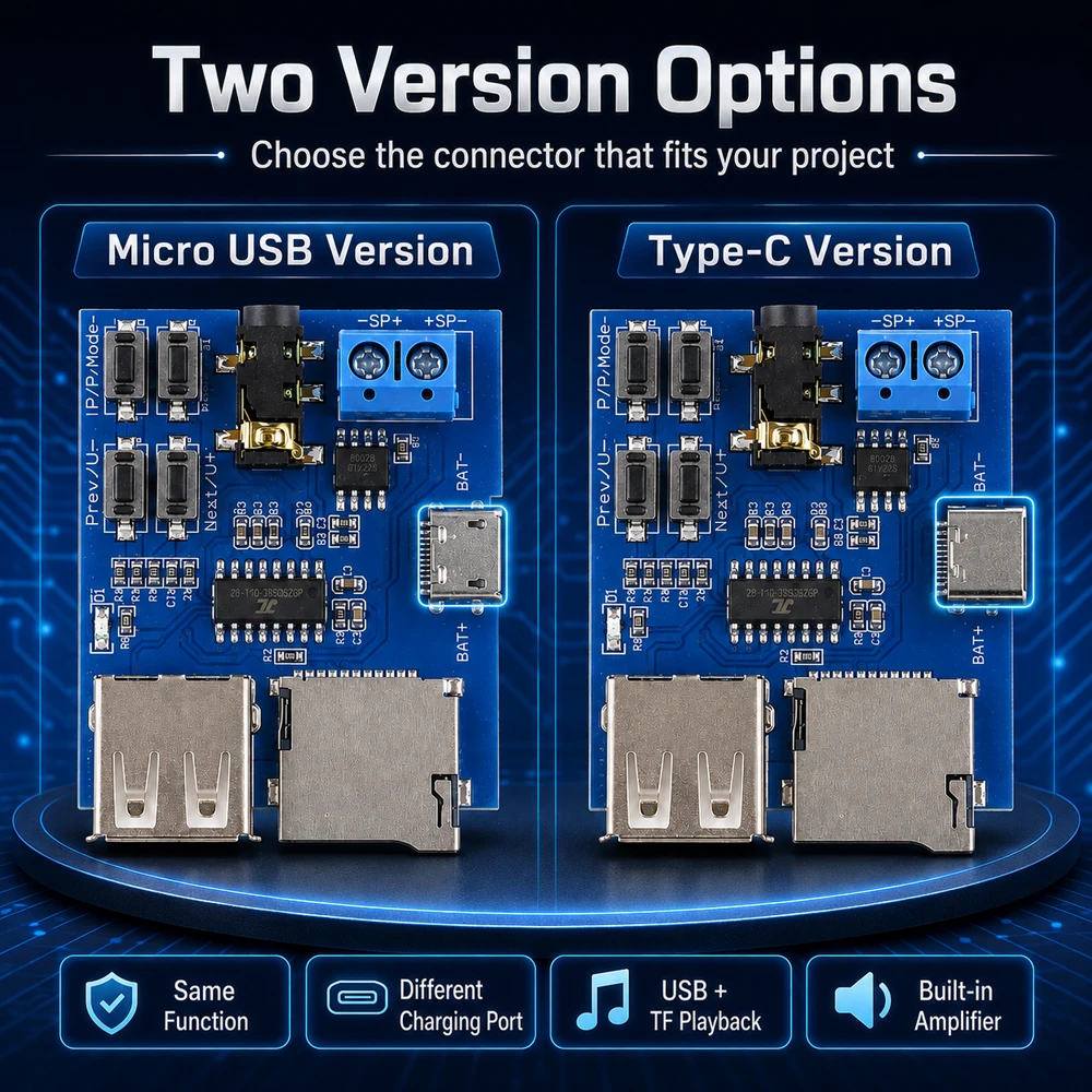 Micro USB Type-C MP3 Decoder Board TF Card U Disk Audio Player Module Built-in Amplifier 3.7V-5.5V DIY Speaker