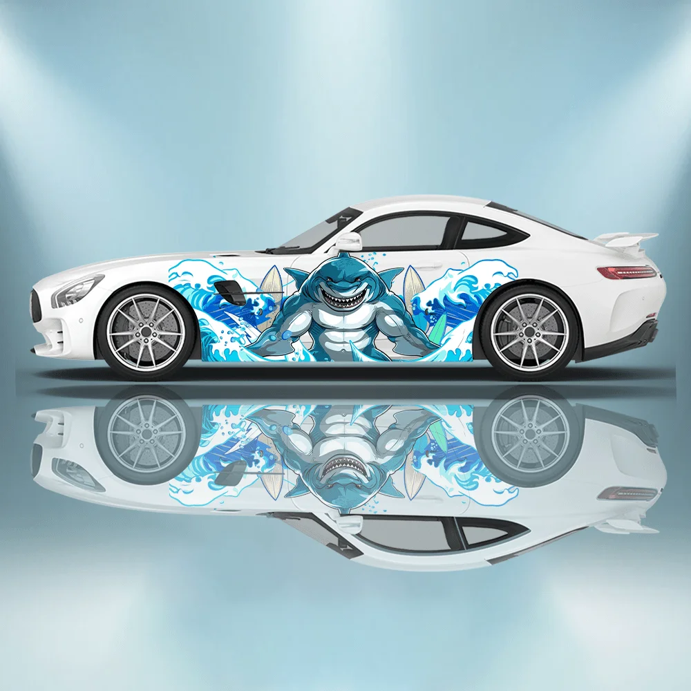 Shark Surfing in The Waves Car Vinyl Wraps Decal Self-adhesive PVC Sticker Suitable for Trucks SUV Decoration Auto Accessories