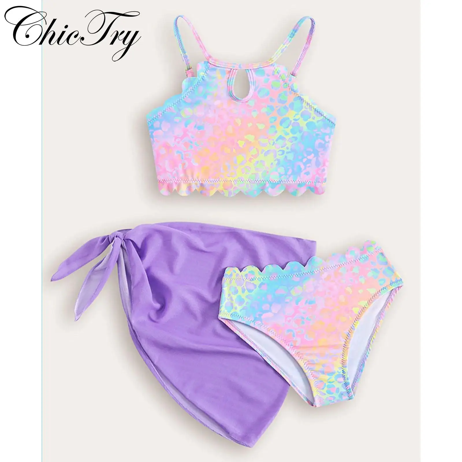 

Kids Girls Swim Sets 3 Pieces Printed Bikini Swimsuits Swimwear Bathing Suit Top with Briefs and Tie-Up Mesh Skirt Cover-Ups