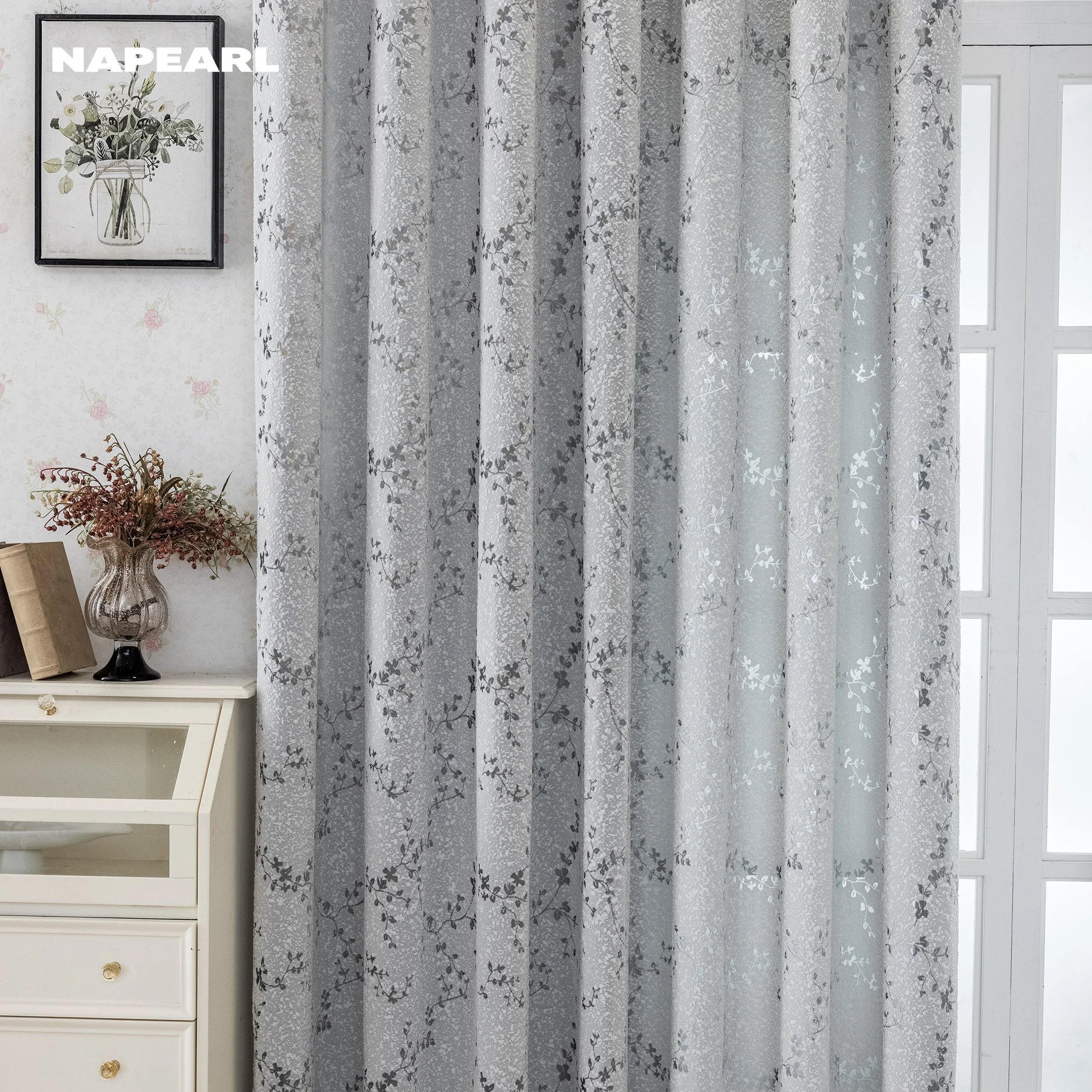 Light Grey Vine Branch Jacquard Blackout Curtains For Living Room Bedroom Thermal Insulated Soundproof Window Drapes