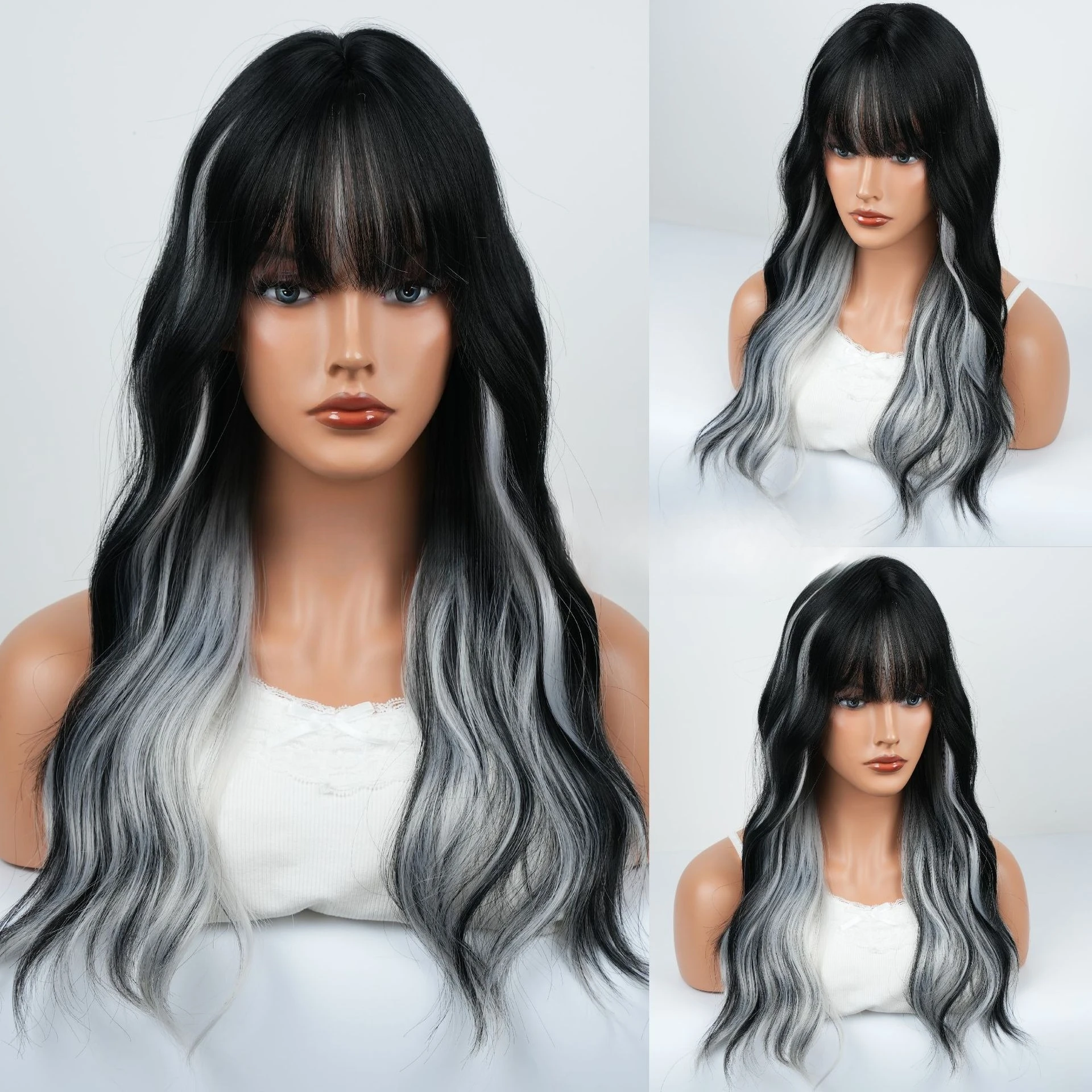 

New European and American wigs, female Qi bangs, long curly hair, black gray and white highlights, natural and realistic, whole