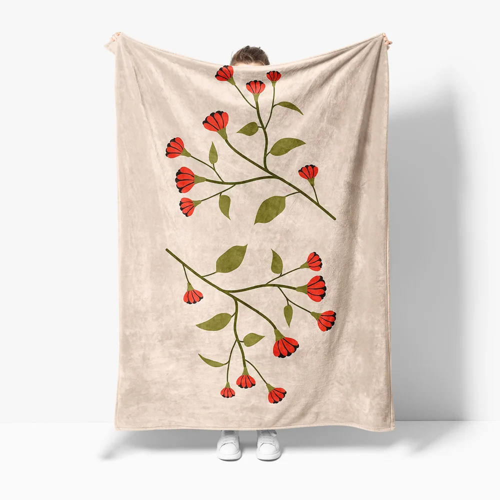 

Floral Pattern Fleece Blanket Red Flower Print Cozy Throw Blanket for Sofa Bed Decorative Gift