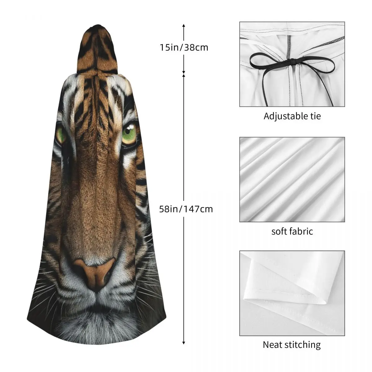 Эскиз из меха тигра, цветное изображение, длинный плащ с капюшоном, средневековый костюм ведьмы, накидка для косплея, пальто на Хэллоуин для взрослых, унисекс