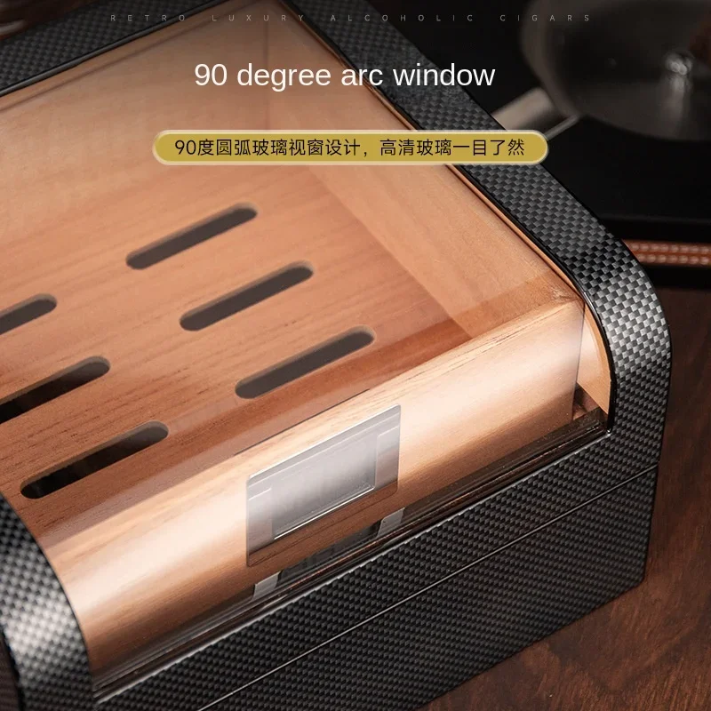Carbon Fiber Cigar Humidor Box Portable Clear Window Double Layer Large Capacity for 50 Cigars Home Use