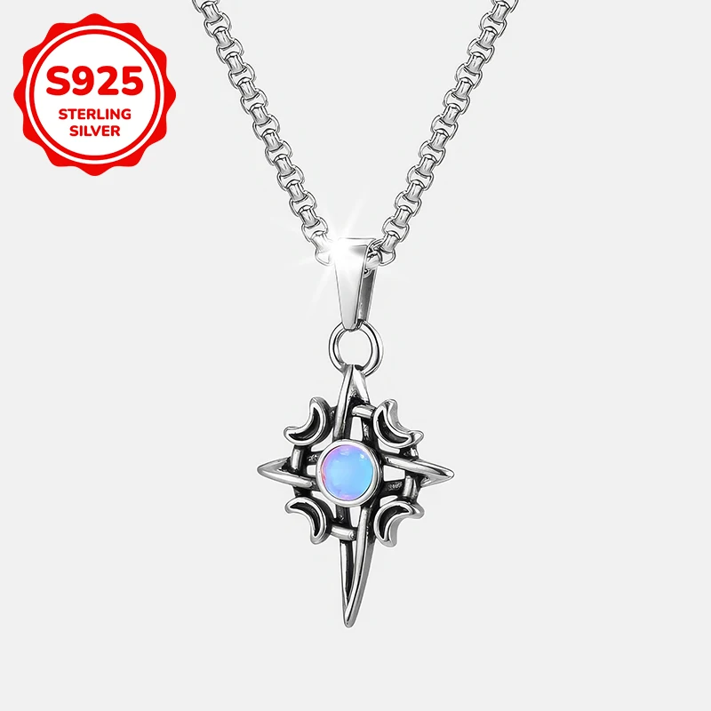 A S925 sterling silver retro punk moon four-pointed star men's necklace is suitable as commemorative day gift for men