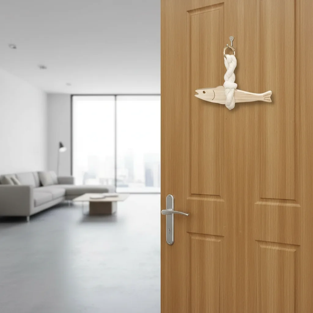 Adorno de coche de pez de madera ligero, colgante de puerta Pollack ultrafino colgante con campana, arte de pared de pez para sala de estar