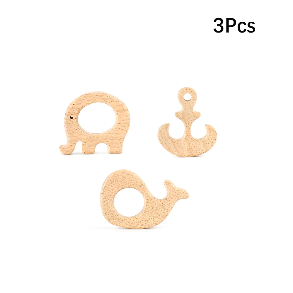 3Pcs/Set Animals Wooden Teether Natural Beech Wood Pendant Safety Environment Baby Teething Toys Pacifier Chain Accessories