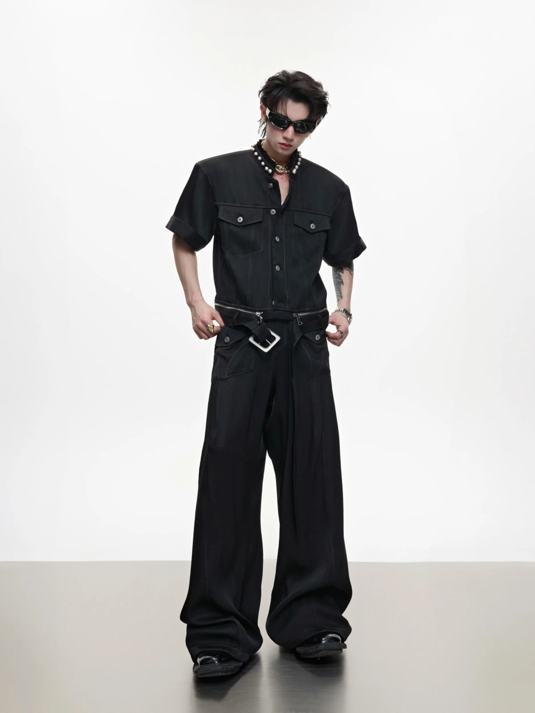 

ArguE CulturE Pearl Edged Short Sleeve Denim Set with Patchwork Pockets And Stitching Youth Fashion Summer Collection