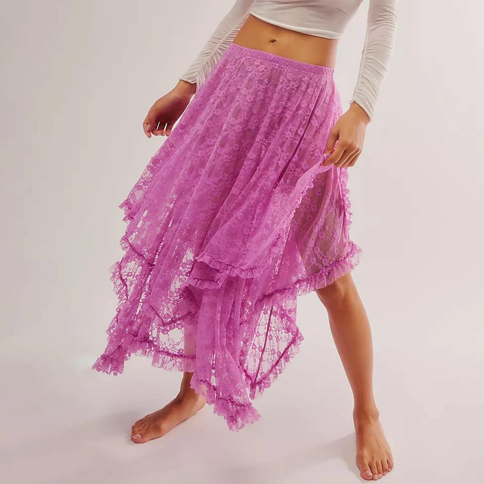 

Women Summer Sexy Lace Ruffles Long Skirts Elastic Waist Asymmetrical Midi Skirts Sheer Layered Aesthetic Skirts Beachwear