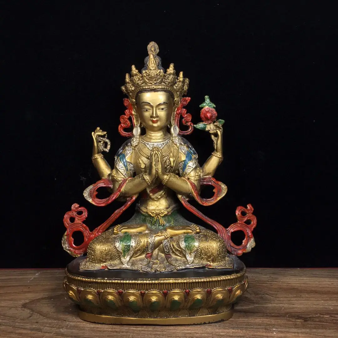 Pure Copper Painted Four Armed Guanyin Sculpture 16cm Length 8cm Width 20cm Height 830g Buddhist Collectible Statue