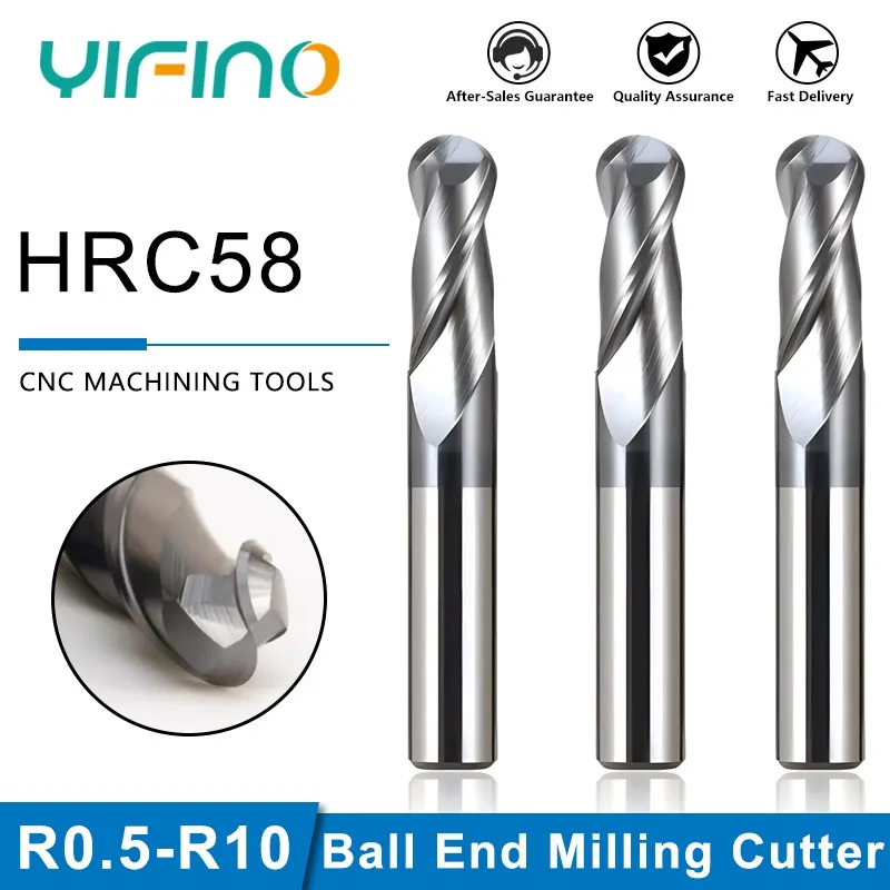 

YIFINO HRC58 Tungsten Steel Carbide Black Nano Coating 2-Flute Ball End Milling Cutter CNC Mechanical Maching Endmill Tools