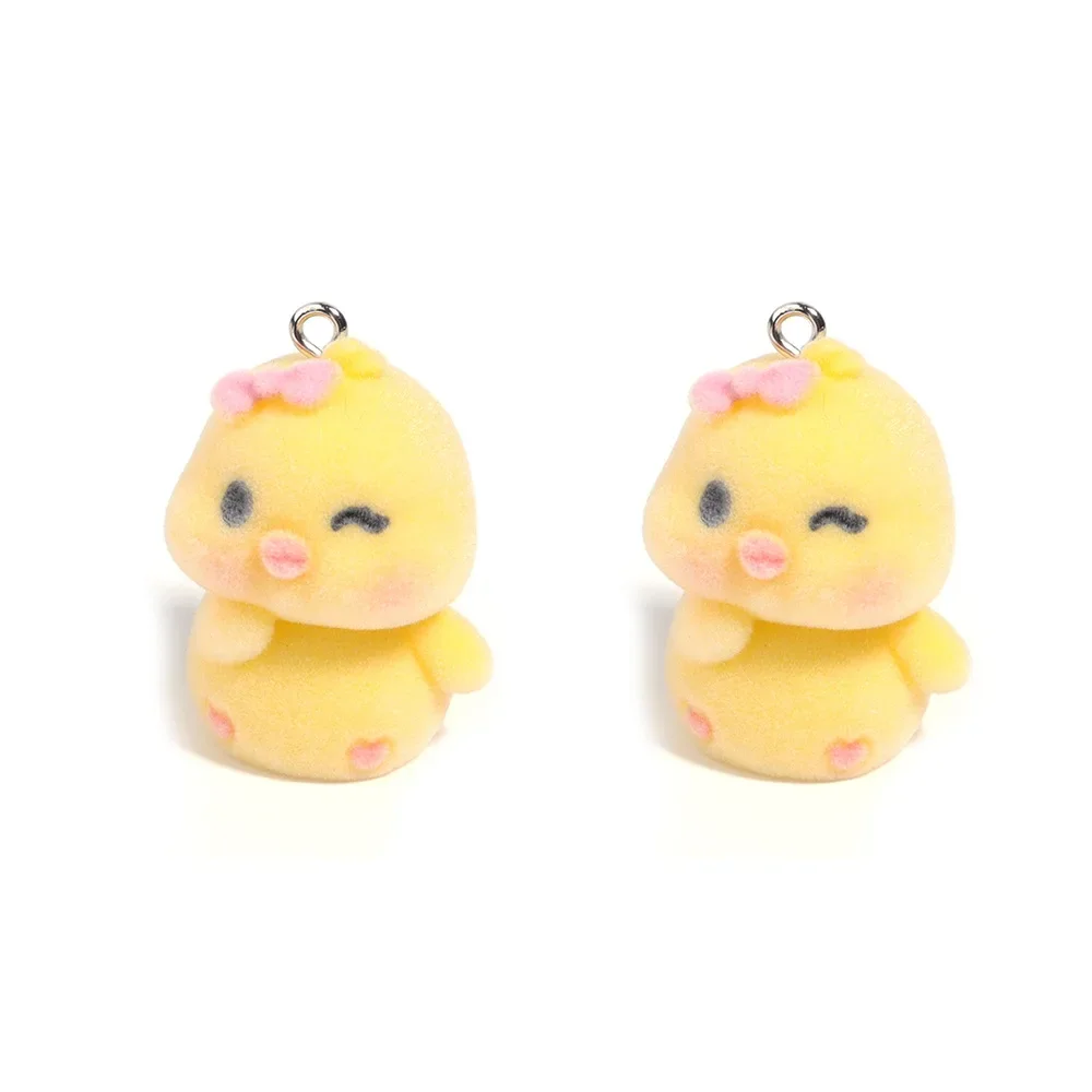 20Pcs 3D Cute Flocked Duck Charms Cartoon Animal Plush Doll Resin Pendant For Phone Keychains Necklace Earrings Diy Jewelry Make