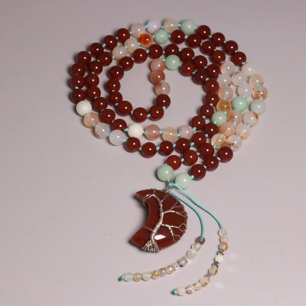 Red Agate Tree of Life Wrapped Pendant Mala Necklace Classic Long Natural Stone Beaded Sweater Chain Prayer Beads Best Seller
