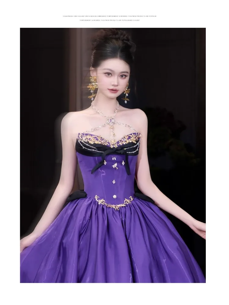 Abiti da ballo principessa viola Abiti da ballo in cristallo con scollo all'americana in metallo Decro Uva Abito da sera a linea con fiocco nero Abito formale per ragazza carina Nuovo