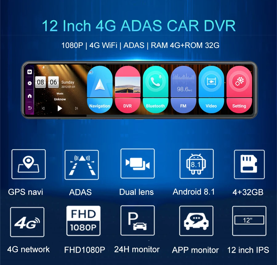 12 Inch Android 8.1 Dash Camera 4G ADAS Car DVRS Rearview Dual Lens Mirror Dash Cam Wifi FM GPS RAM 4GB ROM 32GB