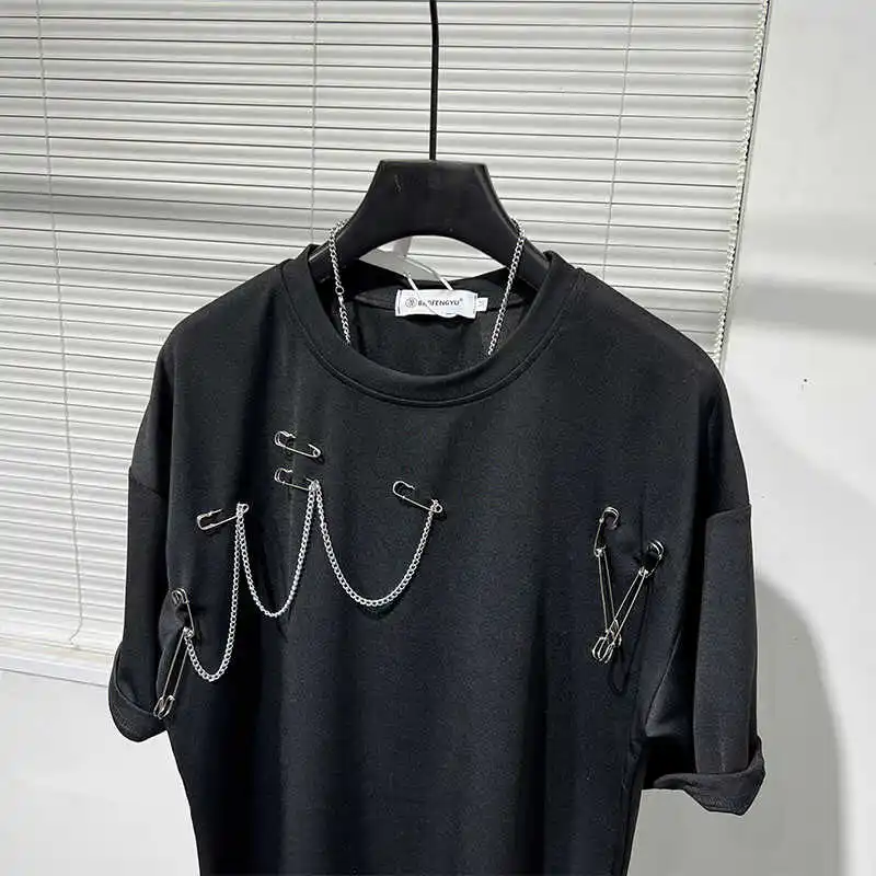 2024 Men's Summer Personality Metal Splicing T-Shirts Handsome Short Sleeve Round Neck T-shirt Men's Trendy Thin Loose Black Top