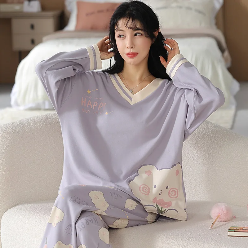 

100% Cotton Spring And Autumn Pajamas, Women's Long Sleeved Pants, Home Clothing Set, Sweet Cartoon, Can Be Worn Externally V