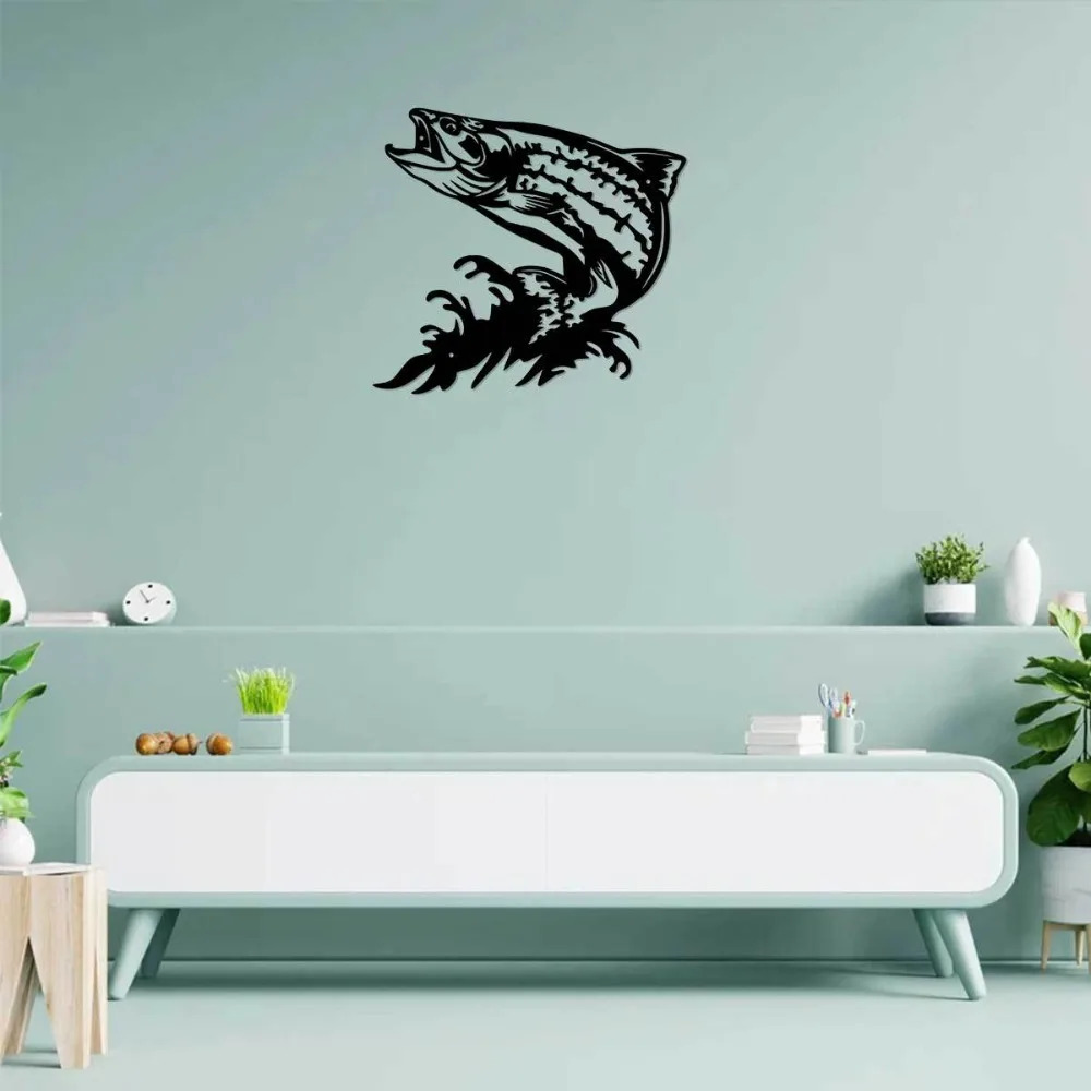 1pc Metal Jumping Trout Wall Art, Iron Fish Sculpture for Home Garden Patio Indoor Outdoor Decor