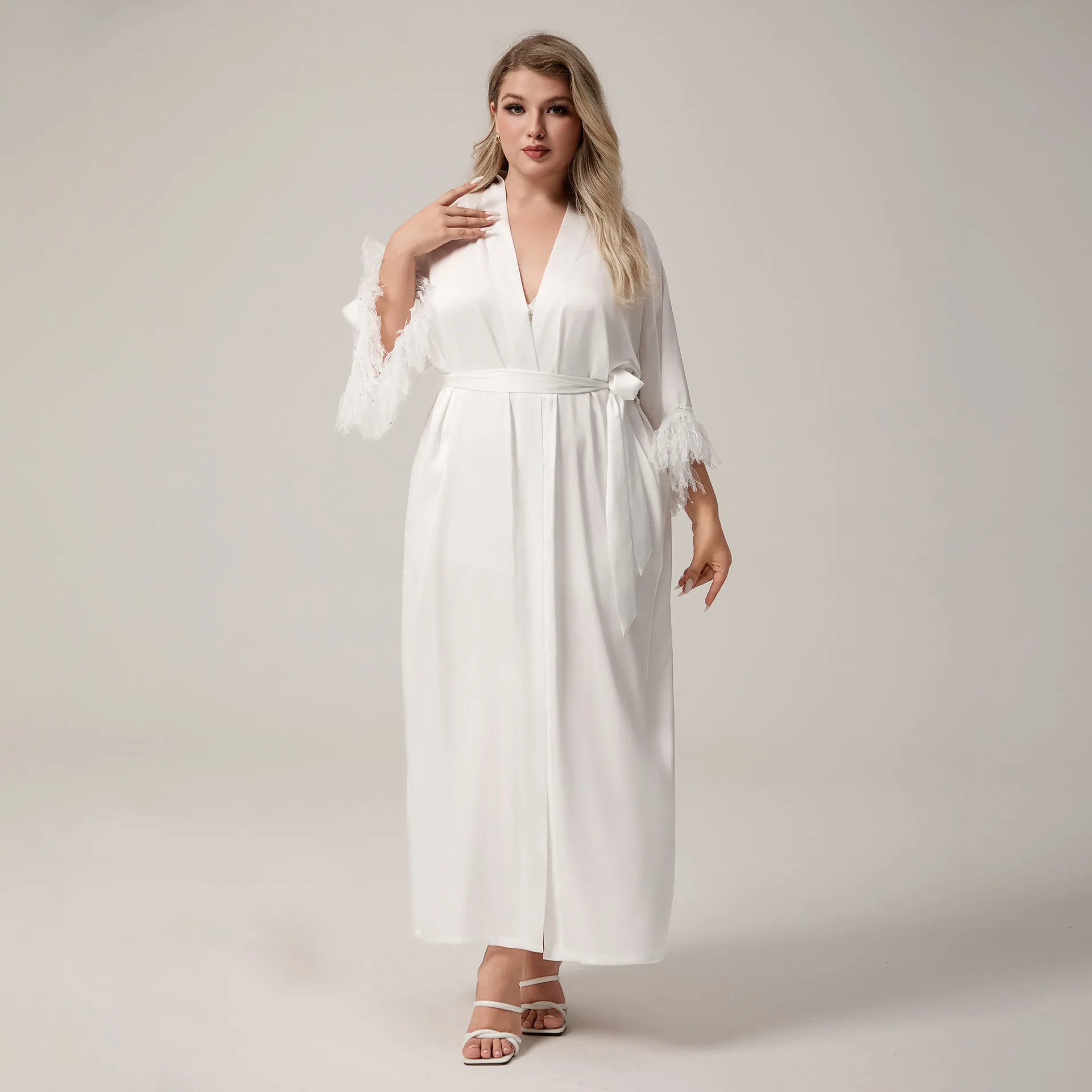 Women's V-Neck Long Robe Spring Summer Sleepwear Elegant White Tassel Cuff Kimono Bathrobe Loose Homewear