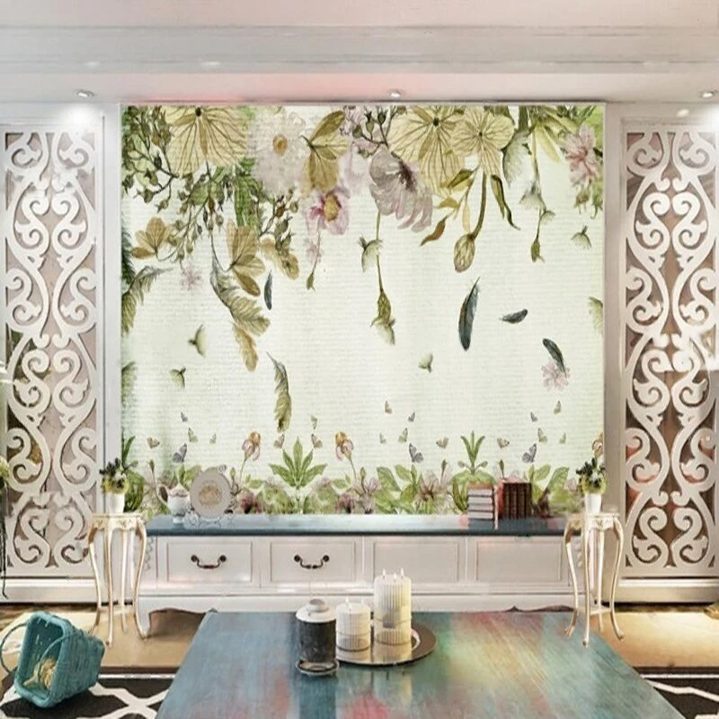 Nordic Minimalist Fresh And Green Leaf Feather Watercolor Oil Painting Style Background Wall Decoration For Living Room And Sofa