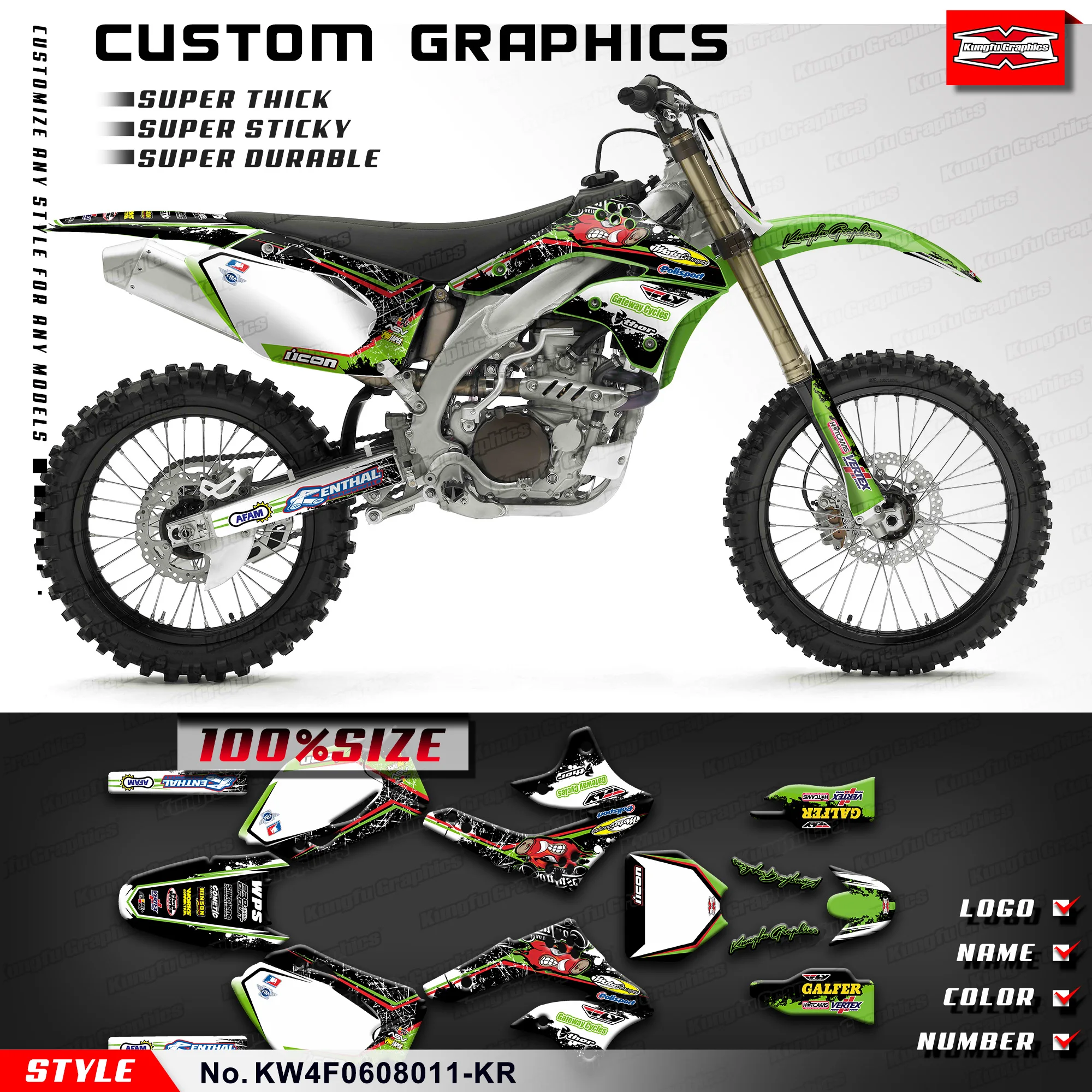 

KUNGFU GRAPHICS Motorcycle Stickers Skin Graphics for Kawasaki KX450F KXF450 KX 450F 2006 2007 2008, KW4F0608011-KR