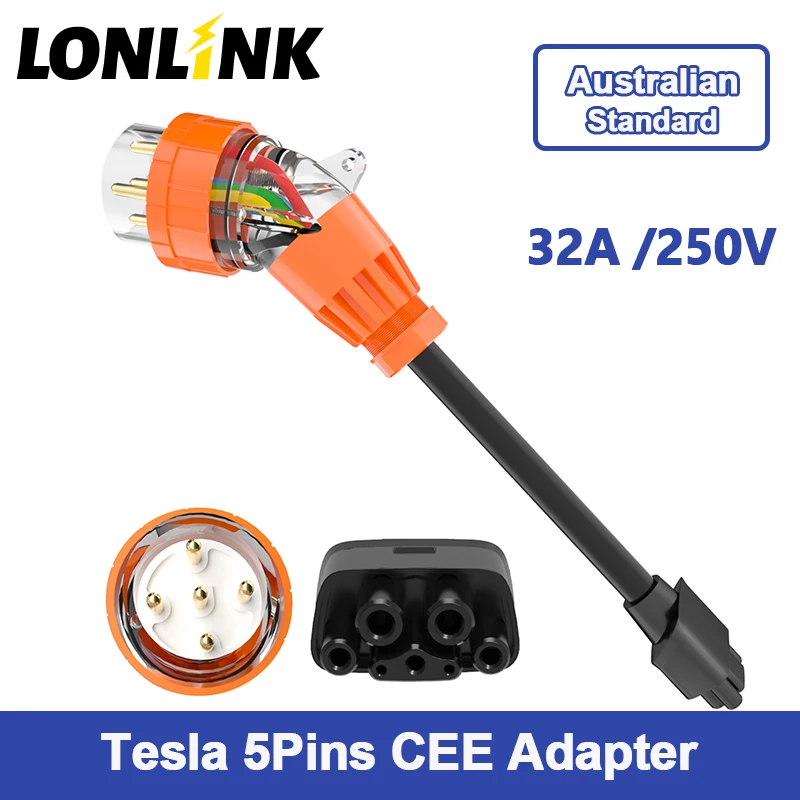 LONLINK Tesla Model Y 5 Pins CEE Adapter Ev Charger Extension Cord Connector with 32A 3P+N+E Australian Waterproof Power Plug