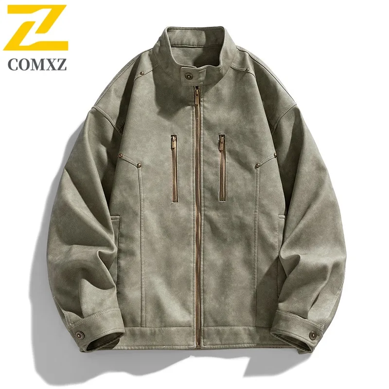 

COMXZ 2025 Mens American Style Flannel Leather Jacket Spring Autumn Vintage Trendy Motorcycle Stand Collar Coat