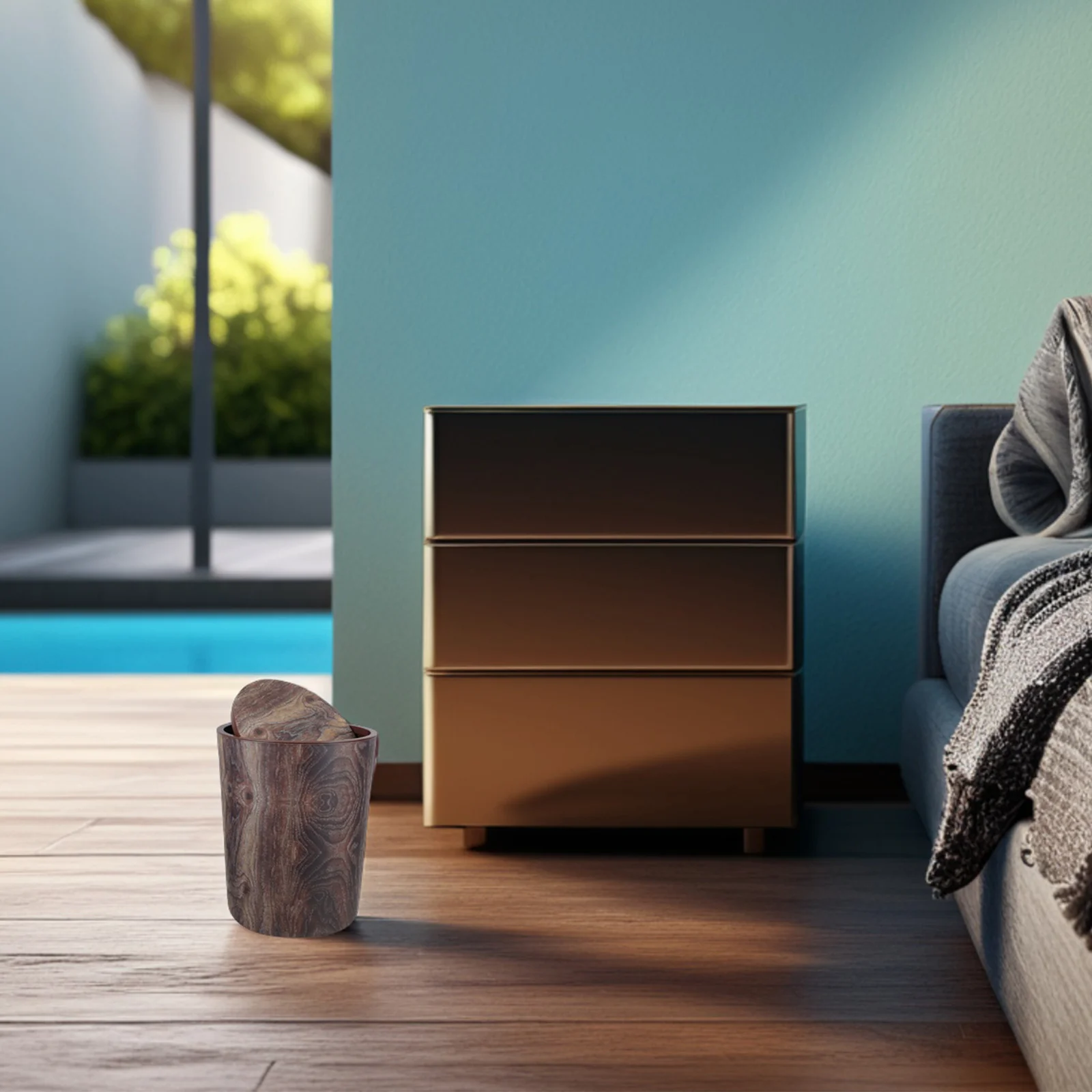 

Маленький крытый мусорный бак в стиле ретро с деревянным зерном, качающаяся крышка, мусорное ведро для кухни, ванной комнаты, офиса, спальни, декоративная мусорная корзина