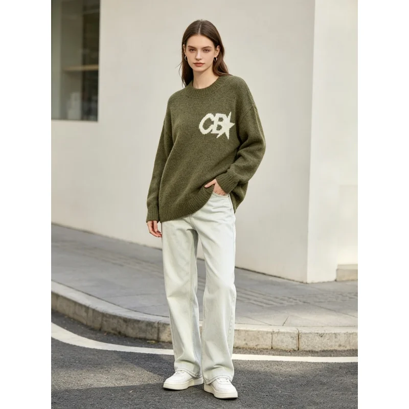 Unisex Crew Neck Knit Sweater Star Letter Jacquard Graphic Loose Oversized Long Sleeve Streetwear Pullover Jumper