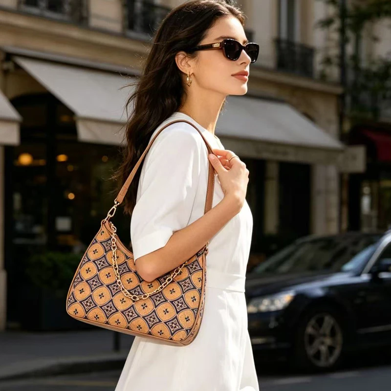 Retro Cork Wood Grain Women's Single Shoulder Bag Geometric Print Dumpling Shape Handbag Chain Decoration Soft Fabric Handbag