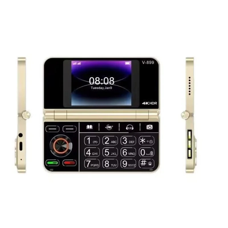 V-899 Bluetooth Folding 2G Cellphone 2.8``2.4``Dual Screen Display MTK6261A 32MB RAM 64MB ROM Dual SIM 3.0MP Type-C Torch Phone