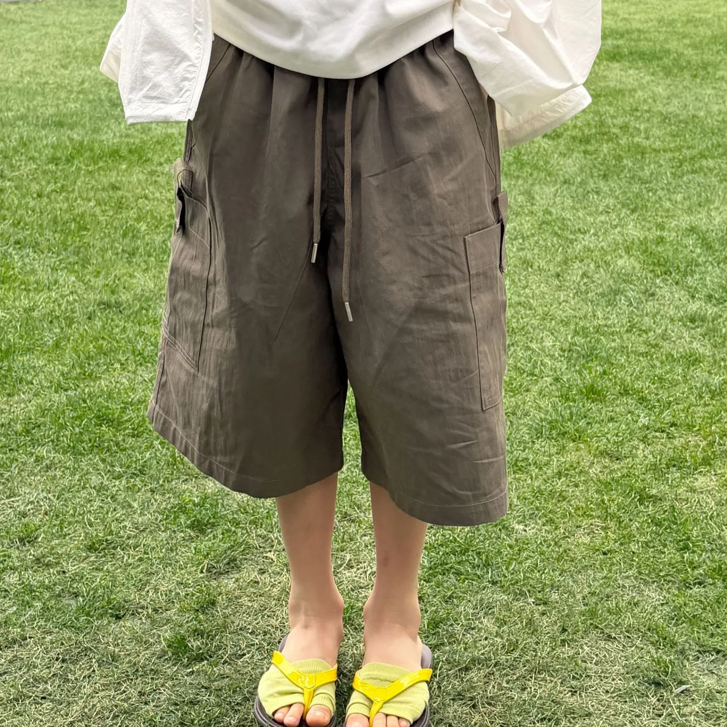 2026 Summer New Children Multi Pocket Washed Workwear Seven Quarter Pants Elastic Lace Up Casual Shorts