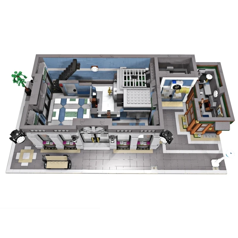 Exibido novo banco MOC-10811 com cafeteria compatível 10251 bloco de construção modular montagem de tijolo brinquedos diy presente de aniversário