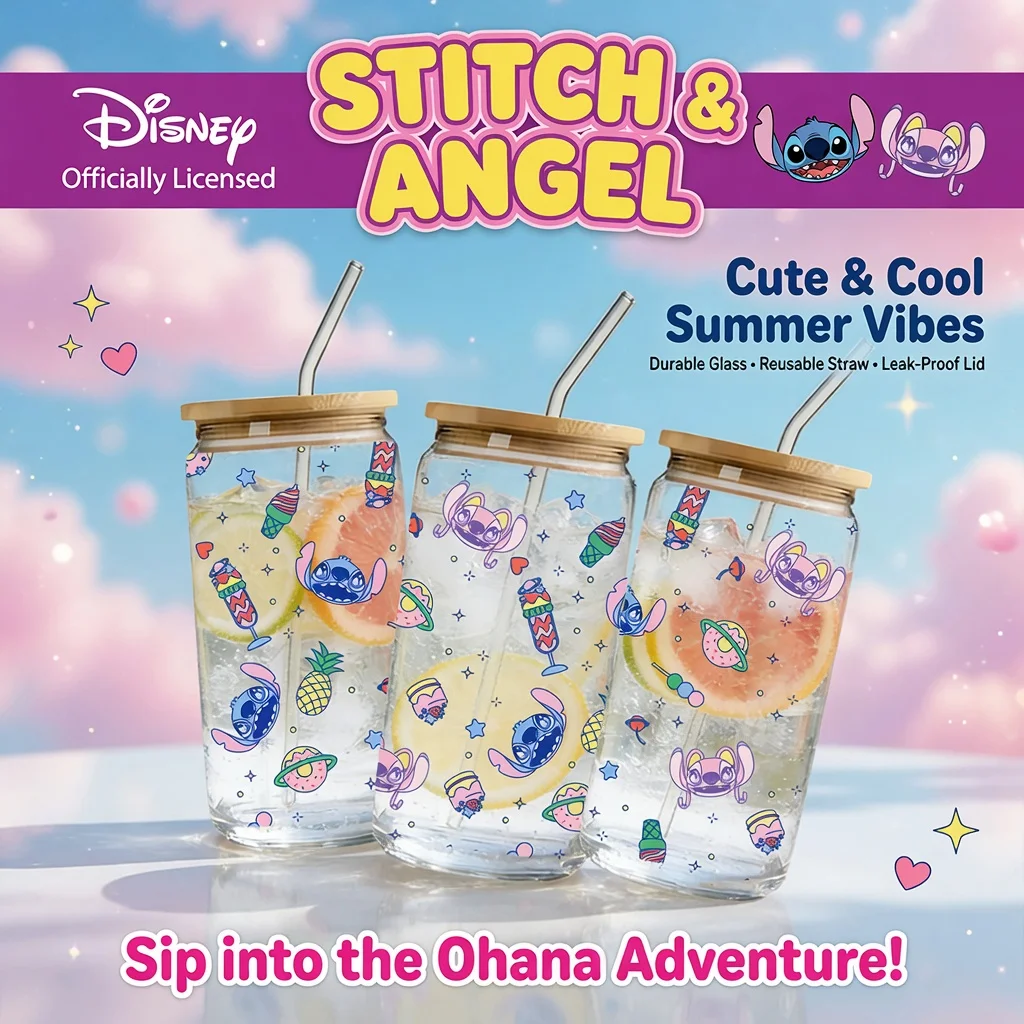 Vaso de vidrio de borosilicato Disney Stitch & Angel de 16 oz con tapa de bambú y pajita, linda taza de verano para café helado, leche y jugo (1 unidad)