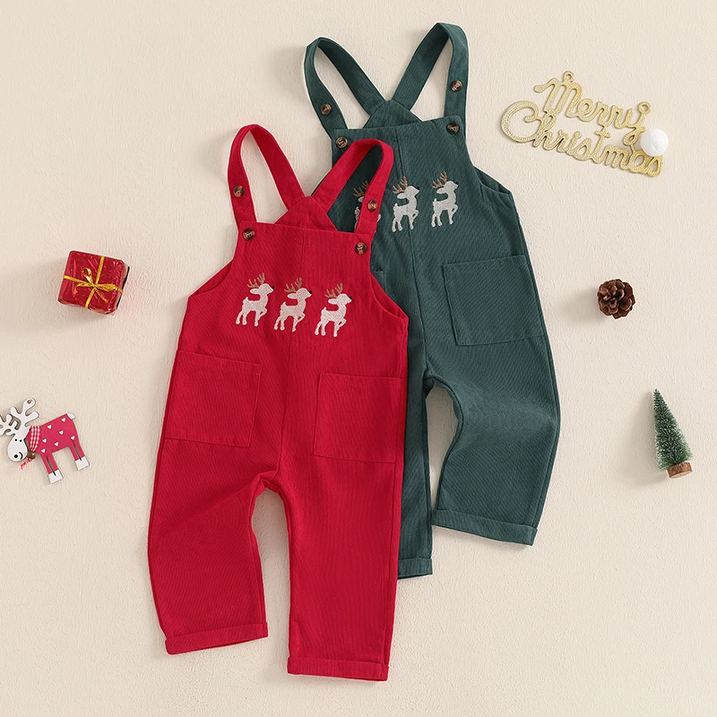 

0-4Y Toddler Baby Girls Boys Christmas Overalls Reindeer Embroidered Sleeveless Adjustable Straps Pockets Romper Kids Jumpsuit