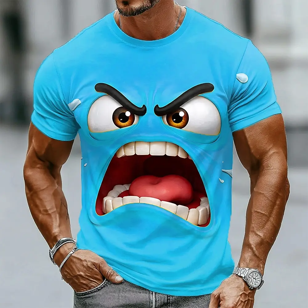 Men's 3D Cartoon Monster Face Print T-Shirt Angry Big Mouth Furry Smile Expression Graphic Crew Neck Short Sleeve Tee